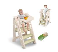 hoopyosms 2-en-1 Torre de Aprendizaje Plegable Montessori, Torre Multiusos para Niños, Escalera Montessori Ajustable en Altura, Torre Educativa para Bebés con Kit de Asiento y Bandeja, Verde