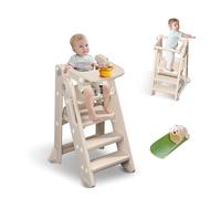 hoopyosms 2-en-1 Torre de Aprendizaje Plegable Montessori, Torre Multiusos para Niños, Escalera Montessori Ajustable en Altura, Torre Educativa para Bebés con Kit de Asiento y Bandeja, Beige