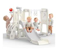 hoopyosms 8-en-1 Tobogán y Columpio para Niños con Pizarra Blanca, Canasta de Baloncesto, Telescopio, Barras y Aros de Gimnasia, Parque de Juegos Interior Exterior para Niños(Gris)