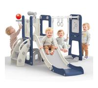 hoopyosms 8-en-1 Tobogán y Columpio para Niños con Pizarra Blanca, Canasta de Baloncesto, Telescopio, Barras y Aros de Gimnasia, Parque de Juegos Interior Exterior para Niños(Azul)