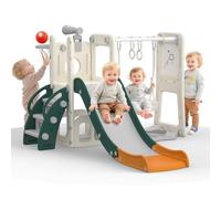 hoopyosms 8-en-1 Tobogán y Columpio para Niños con Pizarra Blanca, Canasta de Baloncesto, Telescopio, Barras y Aros de Gimnasia, Parque de Juegos Interior Exterior para Niños(Verde)