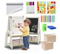 hoopyosms Caballete de Arte 3 en 1 para Niños con Rollo de Papel, Pizarra Blanca y Pizarra Negra, Altura Ajustable, con Accesorios de Dibujo, Verde