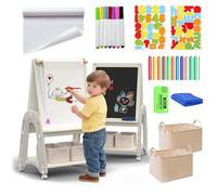 hoopyosms Caballete de Arte 3 en 1 para Niños con Rollo de Papel, Pizarra Blanca y Pizarra Negra, Altura Ajustable, con Accesorios de Dibujo, Blanco