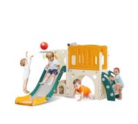 hoopyosms Tobogán para Niños Pequeños con Escalera, Aro de Baloncesto y Túnel, Conjunto de Tobogán Infantil de Plástico para Interiores, Juguetes para Patio de Juegos Montessori, Verde