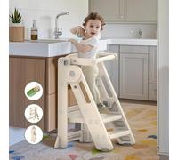 hoopyosms Torre de Aprendizaje Plegable Montessori, Torre Multiusos para Niños, Escalera Montessori Ajustable en Altura, Torre Educativa para Bebés (Clásica, Beige)