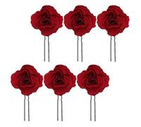 HOOTNEE Horquillas Pelo de Novia 6 Piezas Flores de Rosa Rojas de Tela, Accesorios para Boda y Fiesta, Palillos Decorativos Tipo U para Mujer, Tocados Elegantes y Versátiles