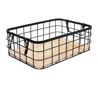 HOOWIFFY Cesta Pequeña de Metal Negra para Almacenamiento de Cocina Asas Dobles, Estructura de Alambre y Base de Madera, Cesta Organizadora Multifuncional para Frutas, Baño y Oficina,