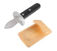 HOOWIFFY Cuchillo para Abrir Ostras de Acero Inoxidable y Mango de Bambú 2 Piezas con Pinza de Sujeción para Mariscos y Almejas, Herramienta Segura y Práctica para Cocina y Color Aleatorio