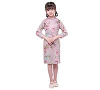Hooyi Vestido Qipao de Seda para niña Vestidos Florales Largos y Largos para niñas Vestidos completos Cheongsam Traje Tradicional Chino para Fiesta Escolar S(6)