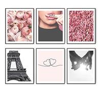 HoozGee Impresiones artísticas para pared, decoración de París para dormitorio, diseño de flores rosas, línea minimalista en forma de corazón, póster de moda de París, fotografía de París, decoración