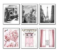 HoozGee Póster de pared vintage de París en lienzo blanco y negro, torre Eiffel, flores rosas, puertas, ventanas, fotos, decoración de pared para oficina, dormitorio, sala de estar (8 x 10 pulgadas,