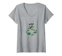 Hop To It: Leaping Frog Motivational Pond Life Camiseta Cuello V, Mujer, Gris Jaspeado, S