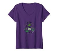 Hop To It: Leaping Frog Motivational Pond Life Camiseta Cuello V, Mujer, Morado, S
