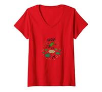 Hop To It: Leaping Frog Motivational Pond Life Camiseta Cuello V, Mujer, Rojo, S