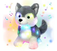 Hopearl LED musical relleno husky luz sobre perro de peluche cantante volumen ajustable descanso animado calmante regalo de cumpleaños para niños niños niñas gris, 30,5 cm