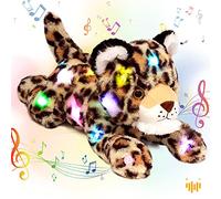 Hopearl Luz de guepardo relleno musical LED en el canto de peluche leopardo juguete ajustable volumen Lullaby animado calmante regalo para niños, 35,5 cm