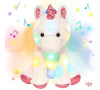 Hopearl Unicornio de peluche musical LED que se ilumina y canta, volumen ajustable, canción de cuna, animado, calma, festival de cumpleaños para niños pequeños, blanco, 13 pulgadas