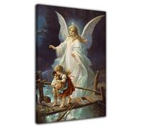 HOPHEMA Póster de ángel de la guarda vigilando a los niños en el puente, impresión artística de pared, pintura en lienzo, decoración del dormitorio (50x75cm-Enmarcado)