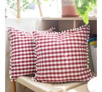 HOPLEE Juego de 2 Fundas de Almohada Rojas a Cuadros con Pompones para decoración del hogar, Color Rojo y Blanco, 18 x 18 Pulgadas