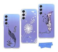 HopMore 3 Pack Silicona Funda para Samsung Galaxy A55 5G Cárcasa Transparente con Diseño Modelo Suave TPU Antigolpes Case Cover Ultra Finas, Pluma Morada y Negra, Diente de León