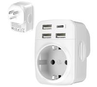Hoppac 5 en 1 Adaptador Enchufe USA, Adaptador Enchufe Europeo a Americano con 3 USB A y 1 USB C para Canadá, México, Antigua y Barbuda, Aruba, Bahamas, Barbados,Belice,Bermudas,Colombia y Costa Rica