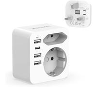 Hoppac Adaptador de Enchufe británico, Adaptador de Enchufe británico con 3 USB y 1 USB C (3,4 A, 17 W), Adaptador de Reino Unido con Enchufe Europeo y Schuko, Adaptador de Tipo G, Apto para Reino