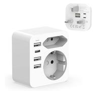 Hoppac Adaptador Enchufe UK,6 in 1 con 3 USB y 1USB C 3.4A,Adaptador Enchufe Reino Unido con Enchufe Europeo y Schuko,Adaptador Tipo G para Irlanda, Inglaterra,DubáI