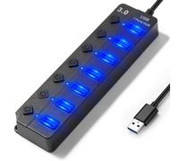 Hoppac Hub USB multitoma de 7 Puertos (1 USB 3.0 6USB 2.0) con interruptores Independientes, Luces LED y Cable de 1 m - Regleta USB Multi Puertos Plug & Play para PC, Laptop