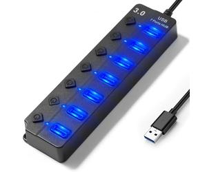 Hoppac Hub USB multitoma de 7 Puertos (1 USB 3.0 6USB 2.0) con interruptores Independientes, Luces LED y Cable de 1 m - Regleta USB Multi Puertos Plug & Play para PC, Laptop