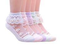 Hopply 5 pares de calcetines con volantes para concurso de concurso de belleza, para niñas pequeñas, bebés, de encaje, color blanco, para vestir al tobillo, calcetines de malla para verano para mujer,