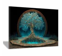 HOQIU Canvas Wall Art Árbol de color turquesa con símbolo mágico cuadro decorativo, decoración de pared, Adecuado para dormitorio, sala de estar, baño.（Multicolor-60x80cm Enmarcado