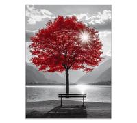 HOQIU Cuadros Blanco Y Negro Modernos, lienzos cuadros, Sillas bajo un árbol junto al río Salon para Dormitorio, Baño - 40x60cm Sin marco(Rojo)