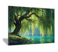 HOQIU Cuadros Modernos Pintura de sauce llorón, decoración de arte de la naturaleza decoración pared, impresión en lienzo, Adecuado para salón, dormitorio, cocina（verde-40x60cm Enmarcado