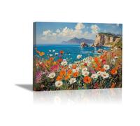 HOQIU lienzo decorativo para pared, Flores que florecen en la hierba junto al mar fotos de paisajes, cuadros y láminas, Sala de Estar Decoración de Dormitorio - 40x60cm Enmarcado(Azul y blanco)