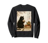 Hora del té con un Gato Negro Bebiendo té Arte japonés Sudadera