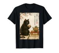 Hora del té con un Gato Negro Bebiendo té japonés Vintage Camiseta