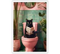 horakey Divertido póster de gato negro usando el inodoro, lindo gato leyendo periódico botánico animal rosa arte de inodoro para sala de estar, dormitorio, decoración de pared de 8 x 10 pulgadas, sin