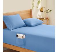 Horbaunal Sábana Bajera Ajustable con Laterales Extraprofundos Tamaño Queen, se Adapta a Colchones de hasta 24 Pulgadas, Lujosa de 1800 Hilos, Sábana Bajera de Microfibra Color Azul Tamaño Queen