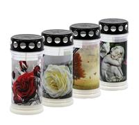 Horeca Candles - Velas Funerarias con Tapa - Duración de 4 Días - Juego de 4 Velas para Cementerio - Cera Blanca - Velas Decoradas para Tumbas