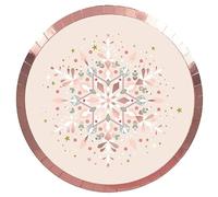 Horeca Collection 6 Unidades - Platos Desechables Cartón de Ø 23 cm con Temática Navideña de Copo de Nieve Oro Rosa. Platos Biodegradables Navidad, 100% Reciclables Celebraciones y Eventos.