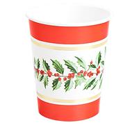 Horeca Collection 6 Unidades - Vasos Desechables Cartón 270 CC con Temática Acebo en Color Rojo con diseño de Acebo. Vaso Cartón Biodegradable Navidad, 100% Reciclable Celebraciones y Eventos.