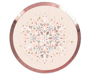 Horeca Collection 8 Unidades - Platos Desechables Postre Cartón de Ø 18 cm con Temática Navideña de Copo de Nieve Oro Rosa. Platos Biodegradables Navidad, 100% Reciclables Celebraciones y Eventos.