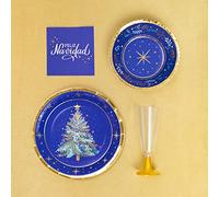 Horeca Collection Kit Vajilla de cartón Desechable con decoración de Navidad en Color Azul para 6 Personas - Pack Azul Noche para 6 Personas. Decoración Navidad Mesa. Vajilla Mesa Navidad.