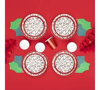 Horeca Collection Kit Vajilla de cartón Desechable con decoración de Navidad en Color Rojo y Estampado de Acebo para 6 Personas - Pack Navidad para 6 Personas. Decoración Navidad Mesa.