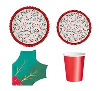 Horeca Collection Kit Vajilla de cartón Desechable con decoración de Navidad en color rojo y estampado de acebo para 6 personas. Perfectos Celebraciones y Eventos. (Pack 6 Personas)