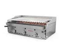Horemaq Barbacoa de Gas Profesional 90 cm con Piedra Volcánica, Parrilla Barbacoa de Acero Inoxidable AISI 304 Regulable en 3 Alturas, Sobremesa con Peto, 18,9 kW y 6 Quemadores, para Hostelería