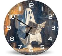 Horienteeon Divertido reloj de pared silencioso de madera con diseño de periódico fantasma, funciona con pilas, 25 cm, decoración rústica de Halloween, para sala de estar, cocina, hogar, baño