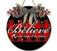 Horienteeon Letrero con texto en inglés "Believe In The Magic of The Season", corona de madera para puerta colgante, decoraciones navideñas para el hogar al aire libre, 30 cm, letreros religiosos para