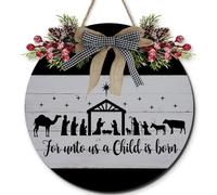 Horienteeon Letrero de bienvenida de Navidad para puerta delantera, corona colgante para puerta con texto en inglés "For Unto Us a Child Is Born", decoraciones de Navidad para interiores y exteriores