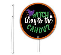 Horienteeon Letrero de Halloween con estaca Witch Way To The Candy Halloween Yard Sign Gothic Scary Bat Ghost Witch Haunted House Placa de aluminio para decoración de jardín al aire libre, fácil de